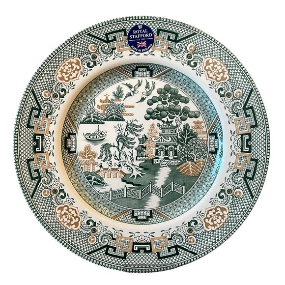 Royal Stafford Dinner Plates 11in Green & Gold Willow Pagoda Set of 4 New - Picture 14 of 16